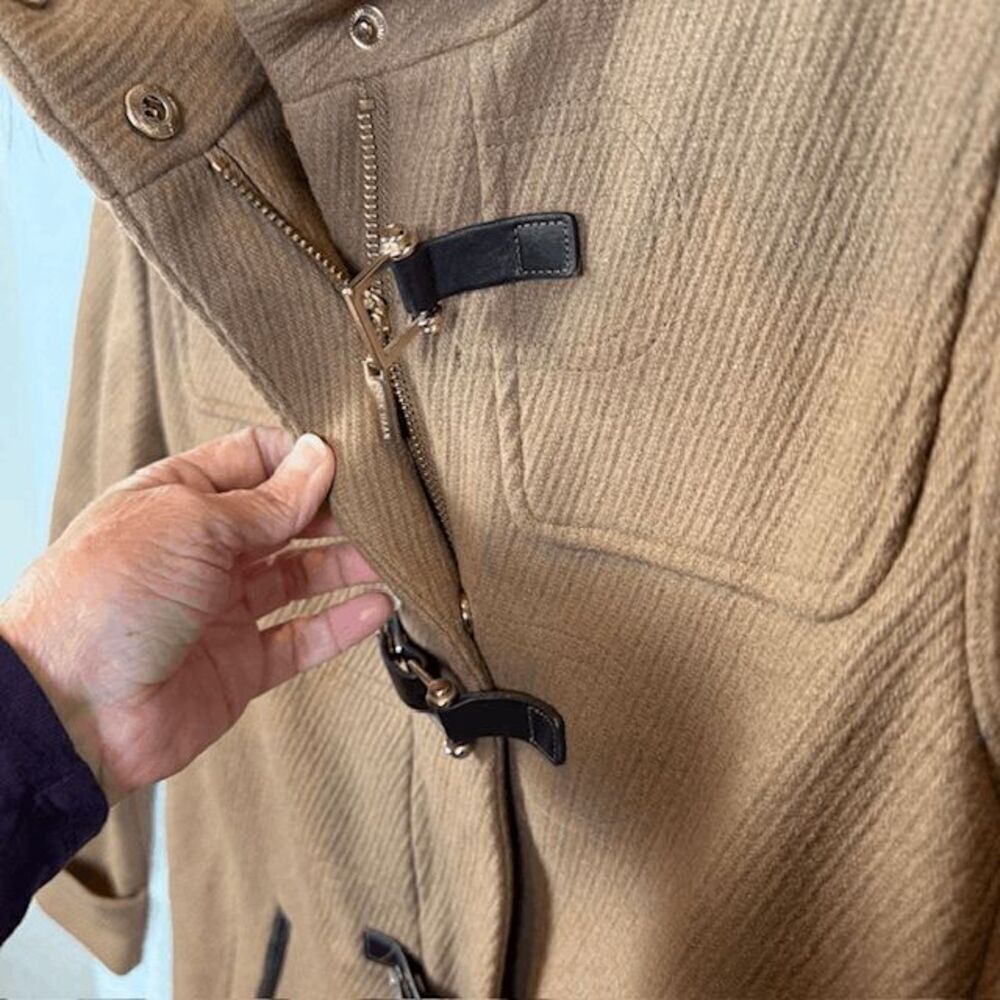 Cole Haan Signature Wool Leather Snap Faux-Fur-Trim Hooded Coat Camel Tan Size 4 - Picture 5 of 16